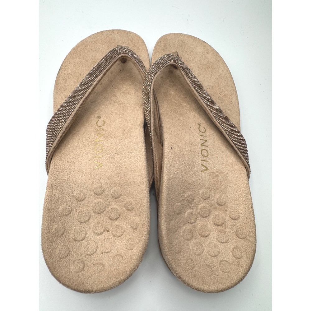 Vionic Dillon Shine Tan Rhinestone Orthotic Flip Flop Sandals Womens 9 - Picture 5 of 7